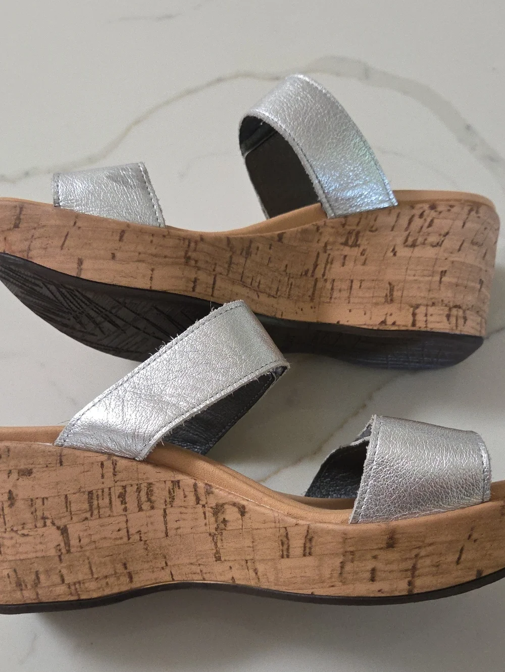 NAOT Leather Silver Cork Wedge Sandals with Double Straps, Size 6 Worn Once!